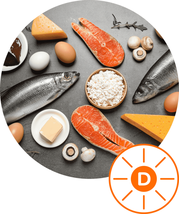 Selection of vitamin D-rich foods, including salmon, cheese, eggs, mushrooms, and butter, arranged on a gray surface, with an orange icon featuring the letter D and a sun symbol.