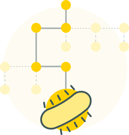 Illustration of a probiotic bacterium connected to a network of yellow dots, symbolizing its interaction within a system.